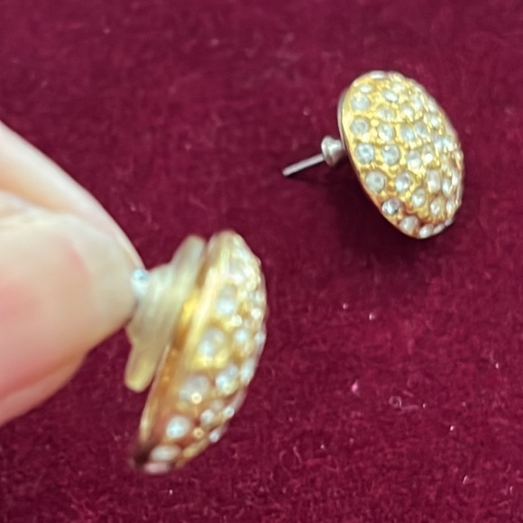 Gold and rhinestone round dome pavé stud earrings ~11/16”. Like new. - Picture 6 of 6
